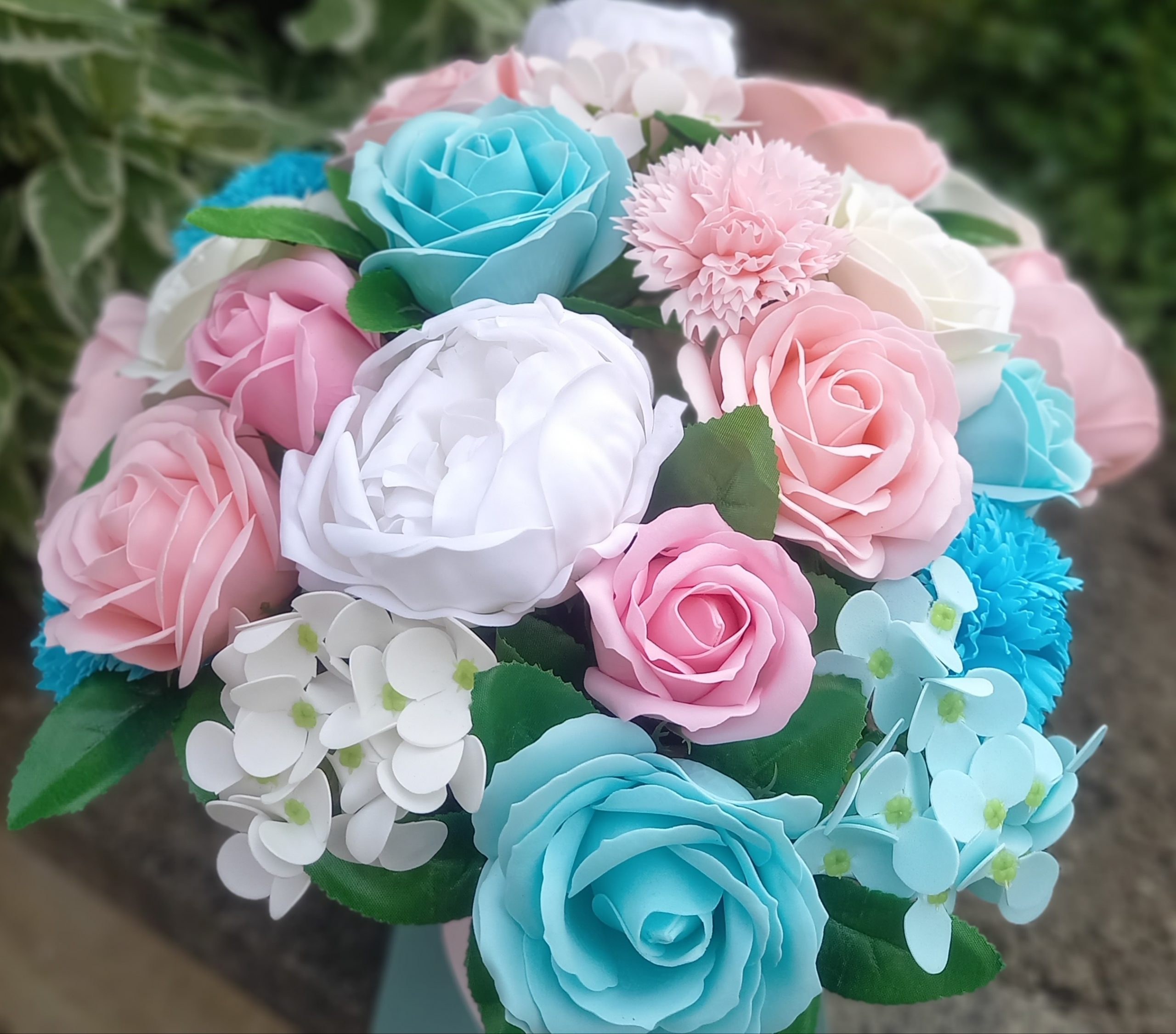 Close up blue pink and white luxury with peonies and no foilage