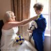 Navy and cream wedding bouquet and rabbit with button hole