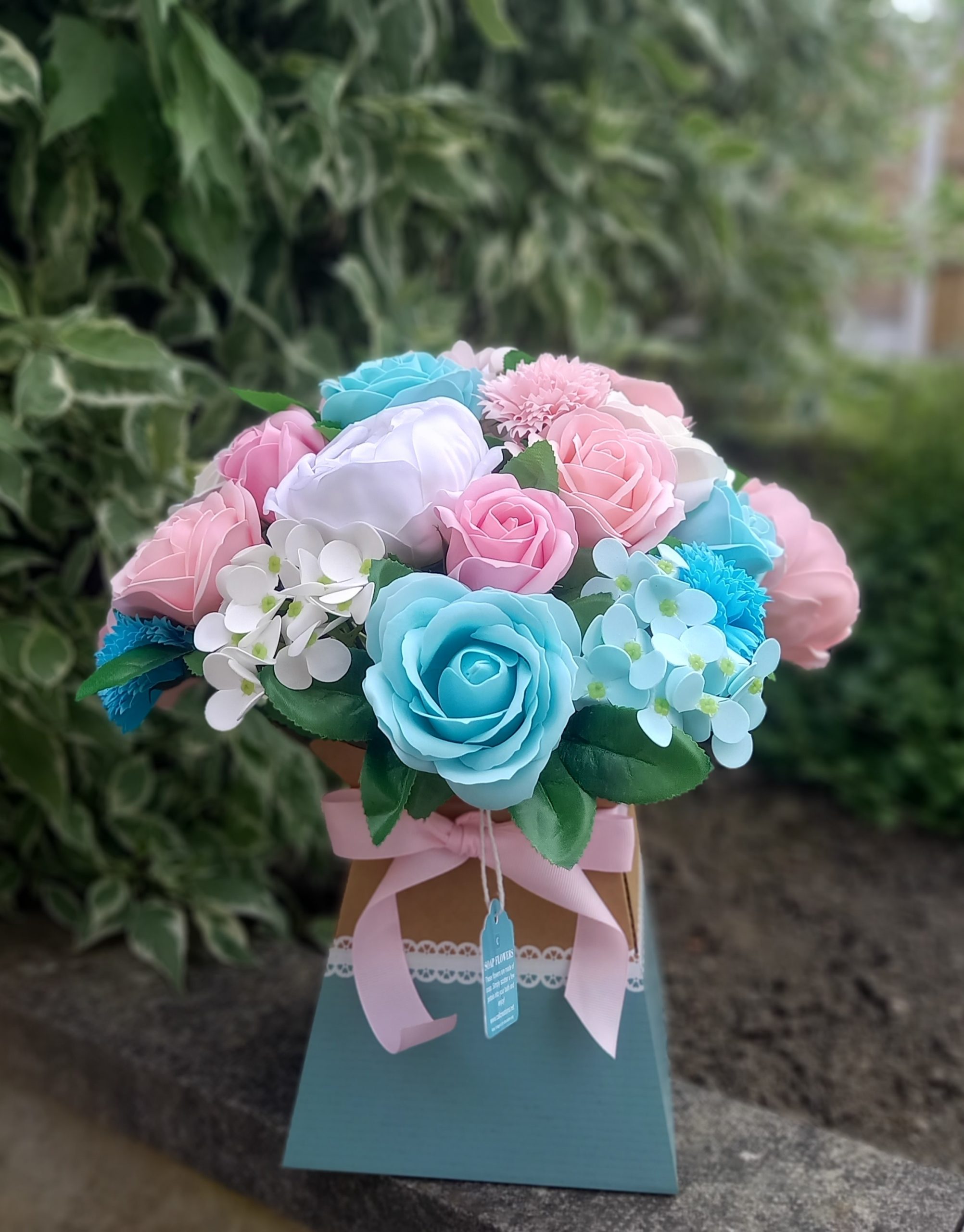 blue pink and white luxury with peonies and no foilage