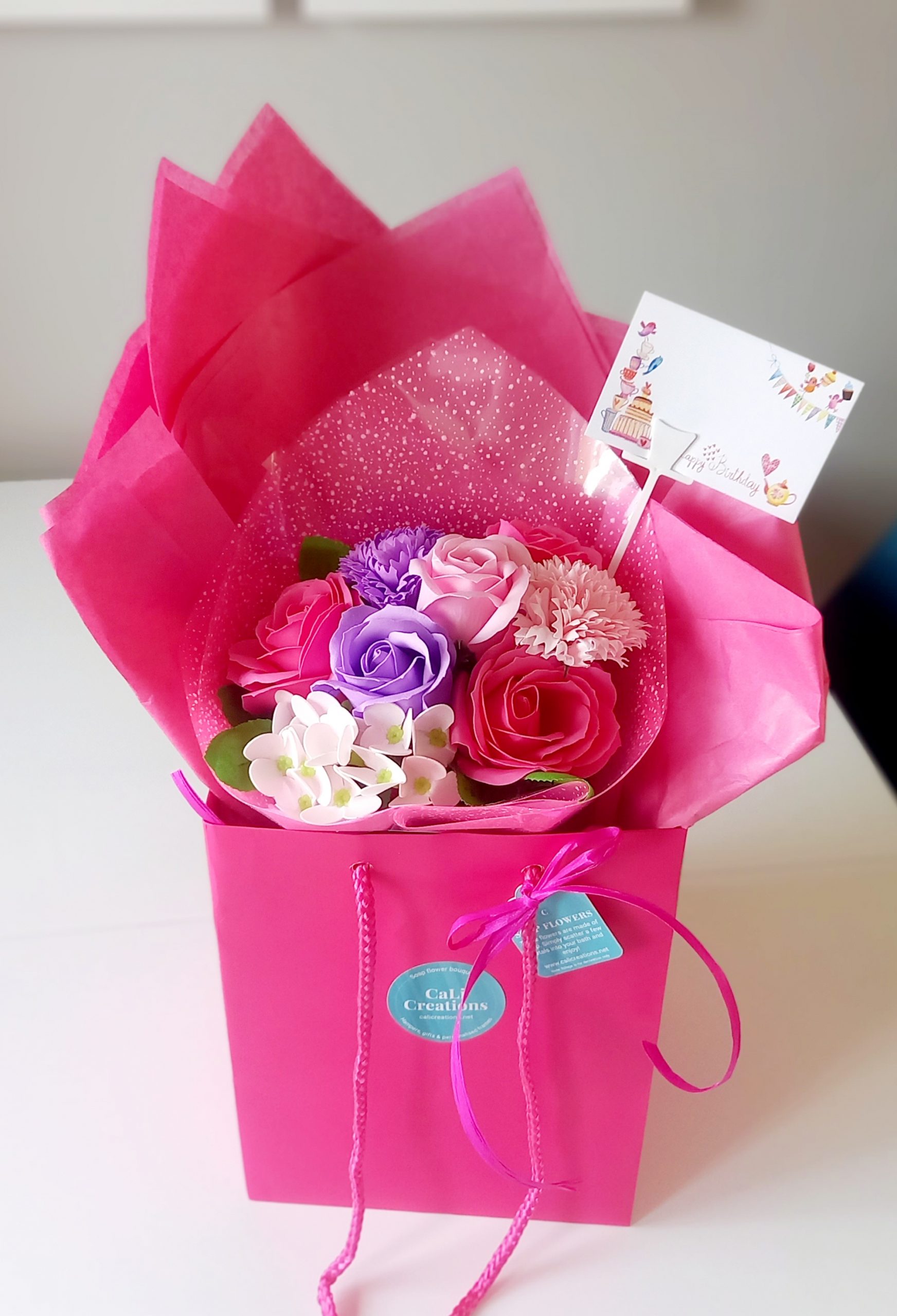 deep pink lilac and pale pink flower bag