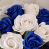 blue and white soap flower posey close up