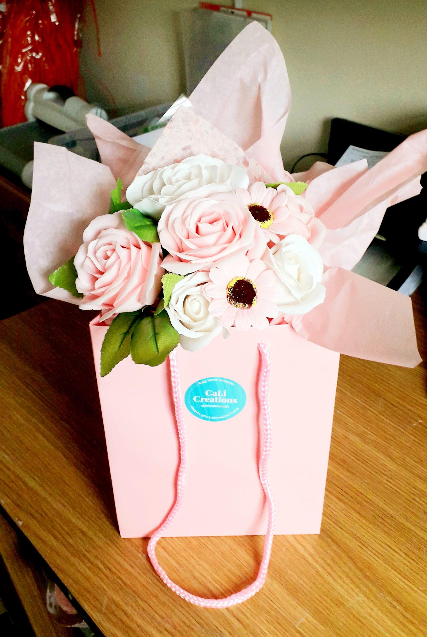 pale pink soap flower bag