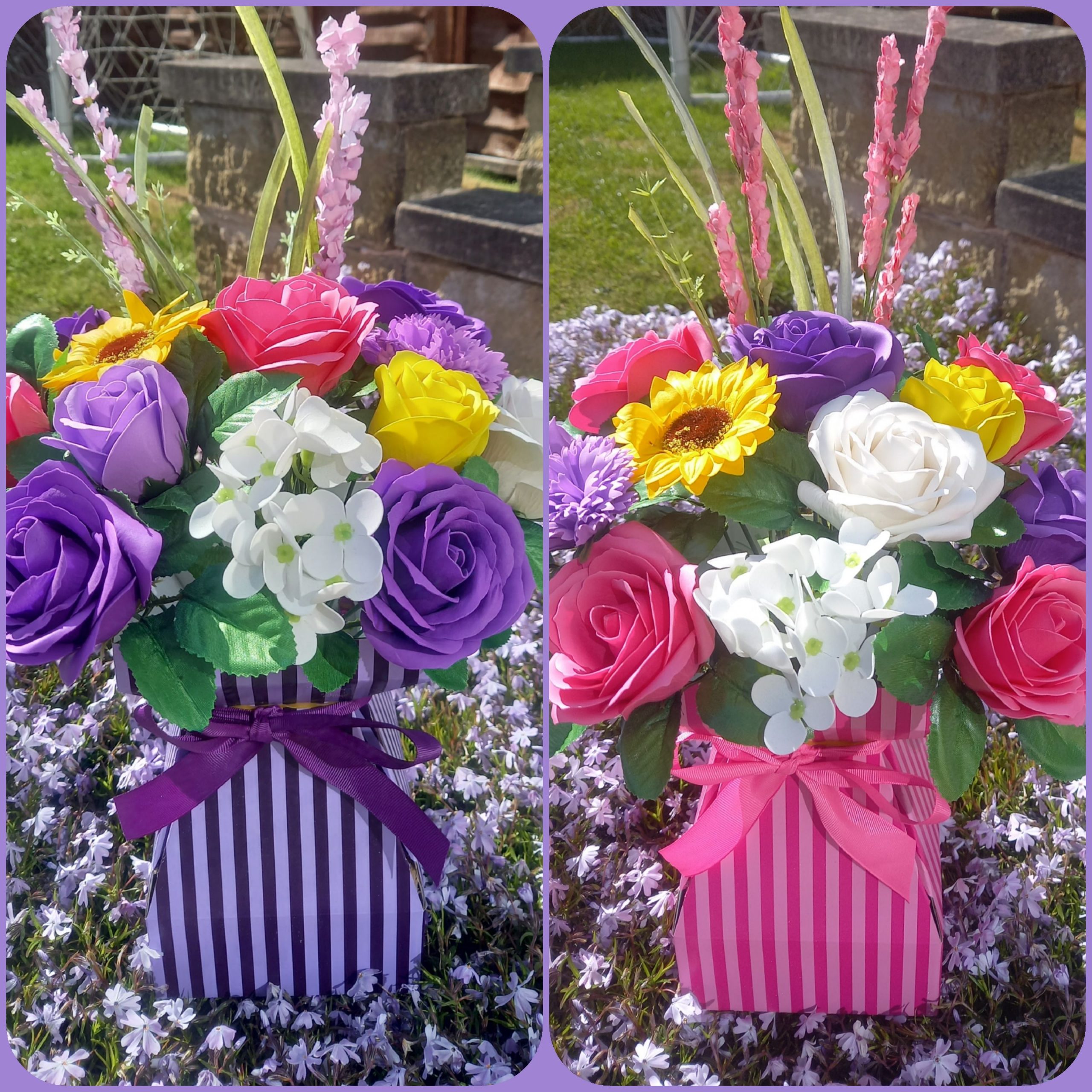 Sunflower brights in purple and pink transportervases