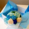 blue and white in a box