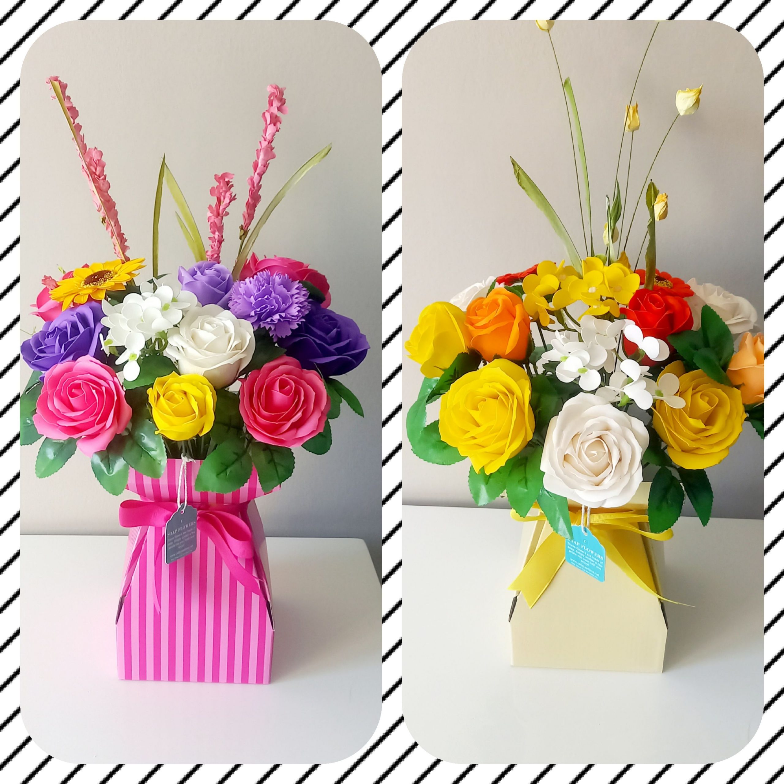 collage of soap flower transporter vases