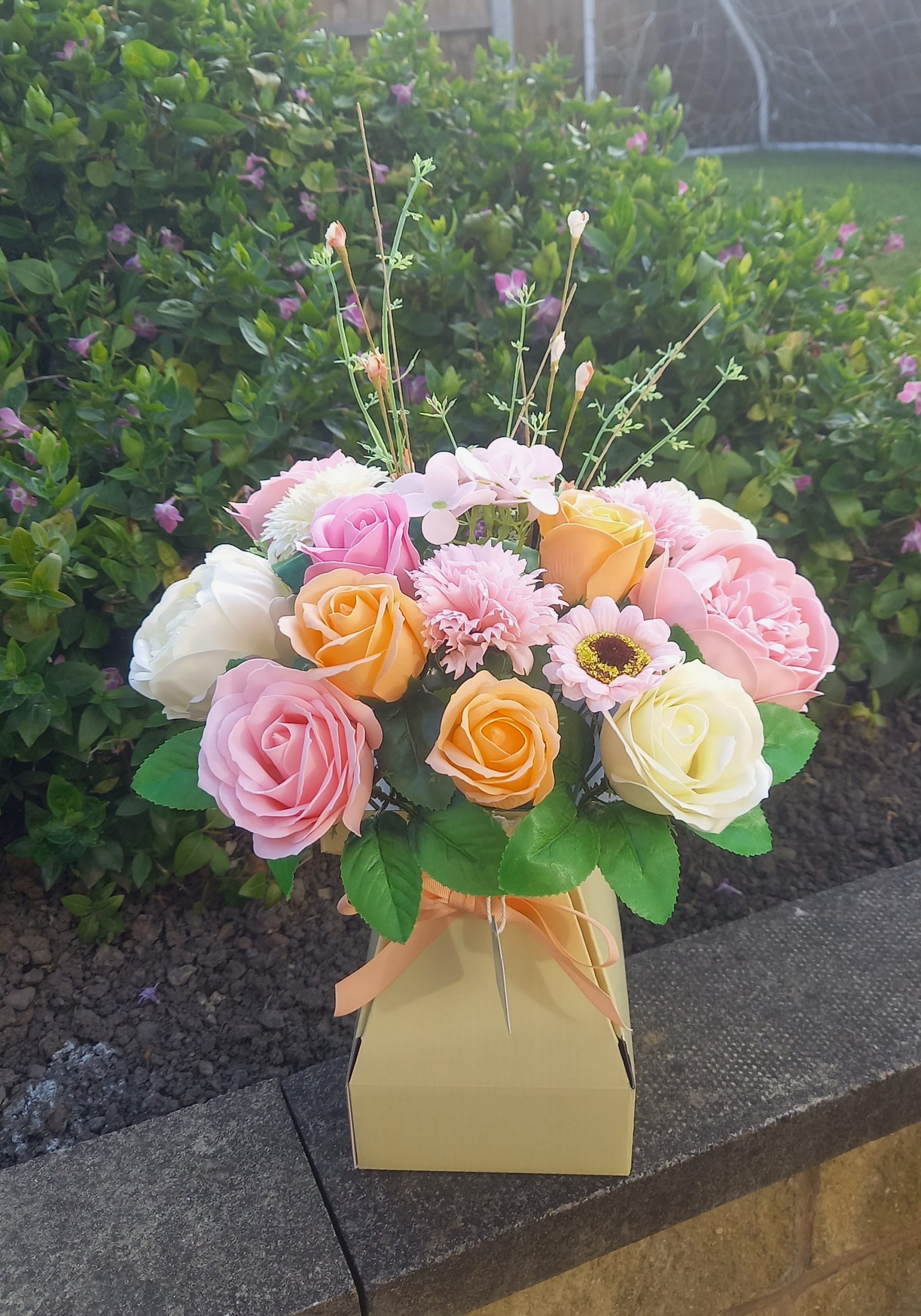 white pink peach and cream with peonies transporter vase