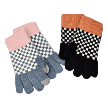 square pattern orange and pink cuff gloves
