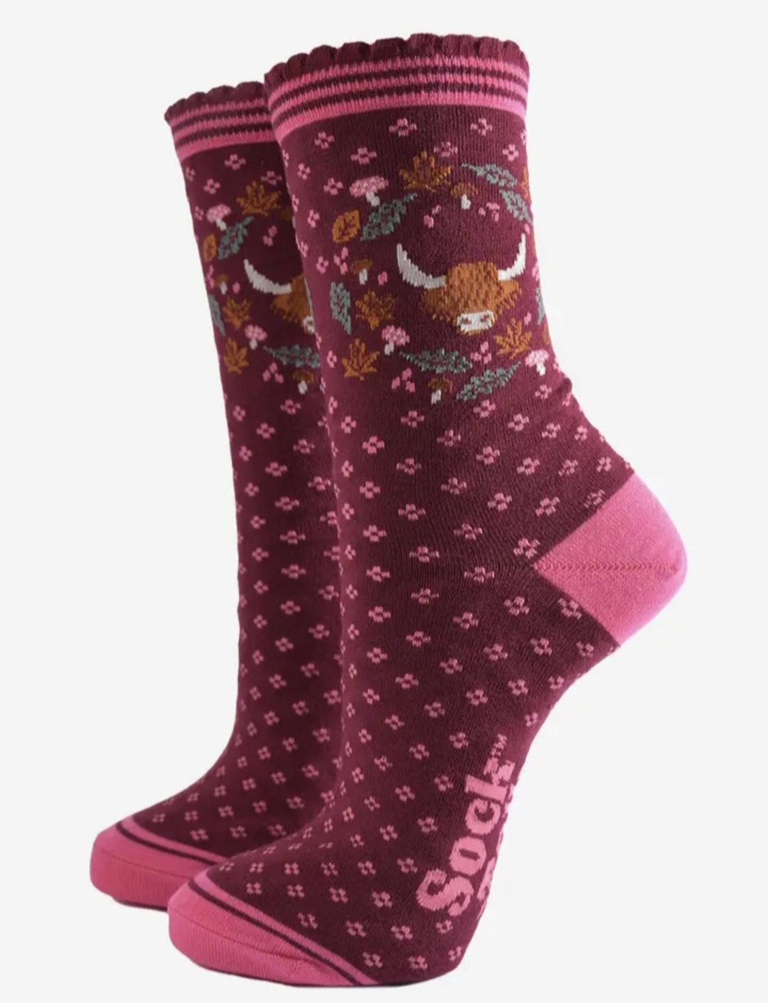 pink and wine coloured highland cow socks